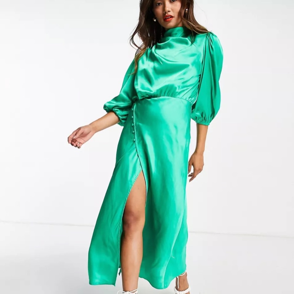 ASOS DESIGN pleat cowl neck satin midi tea dress with puff sleeve size US 12